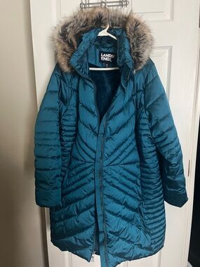 Lands' End Teal Long Quilted Down Coat with Faux Fur Hood
